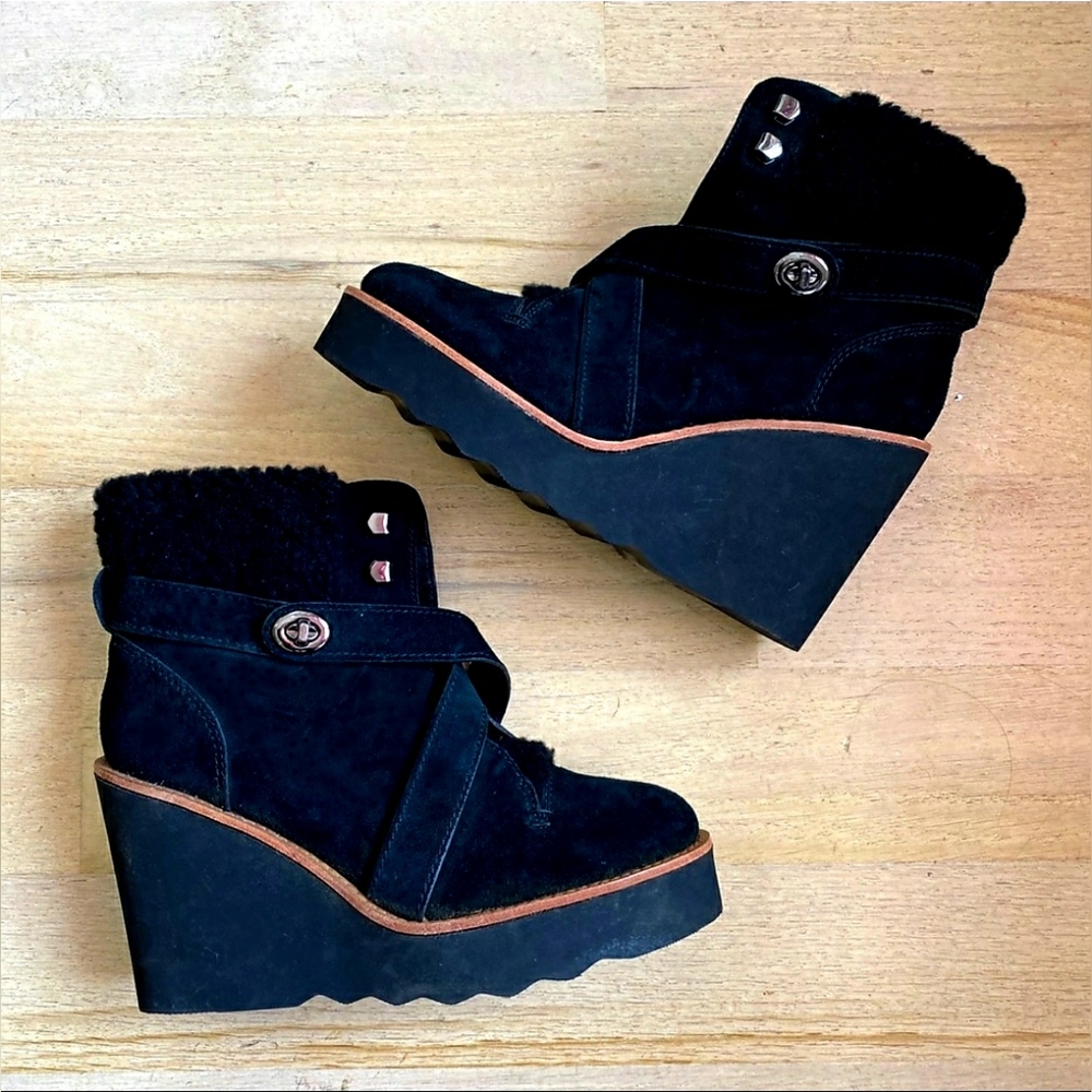 Coach Designer Kenna Black Suede Almond Toe Wedge Heels Ankle Booties Size 6.5
